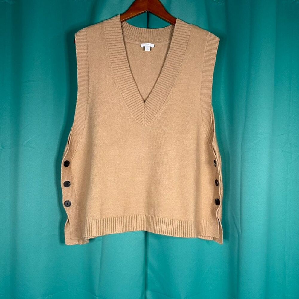 J.Jill XL Petite Camel Beige V-Neck Button Side Knit Sweater Vest Sleeveless Top